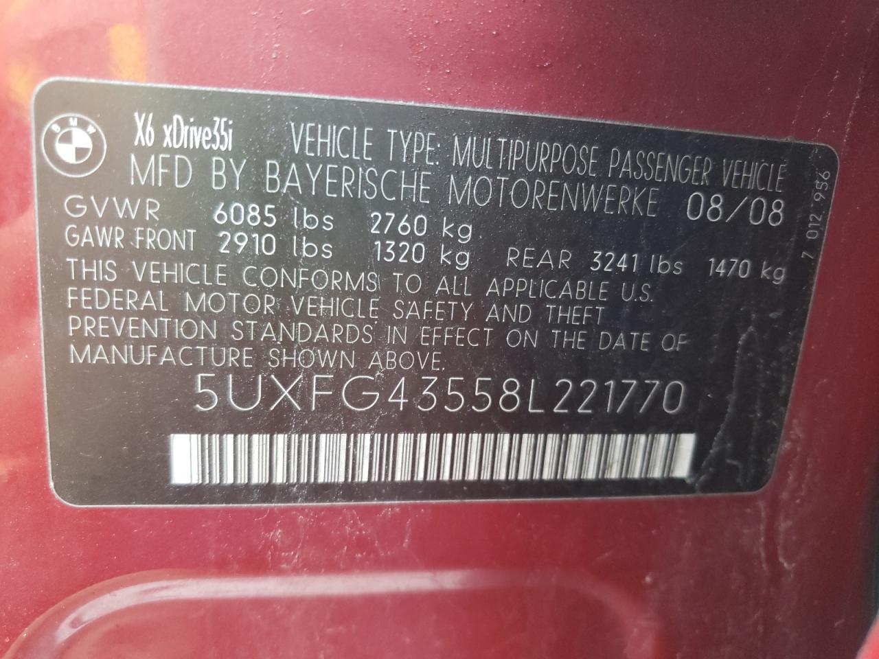 Photo 10 from auction – 2008 BMW X6 XDRIVE3 with VIN 5UXFG43558L221770