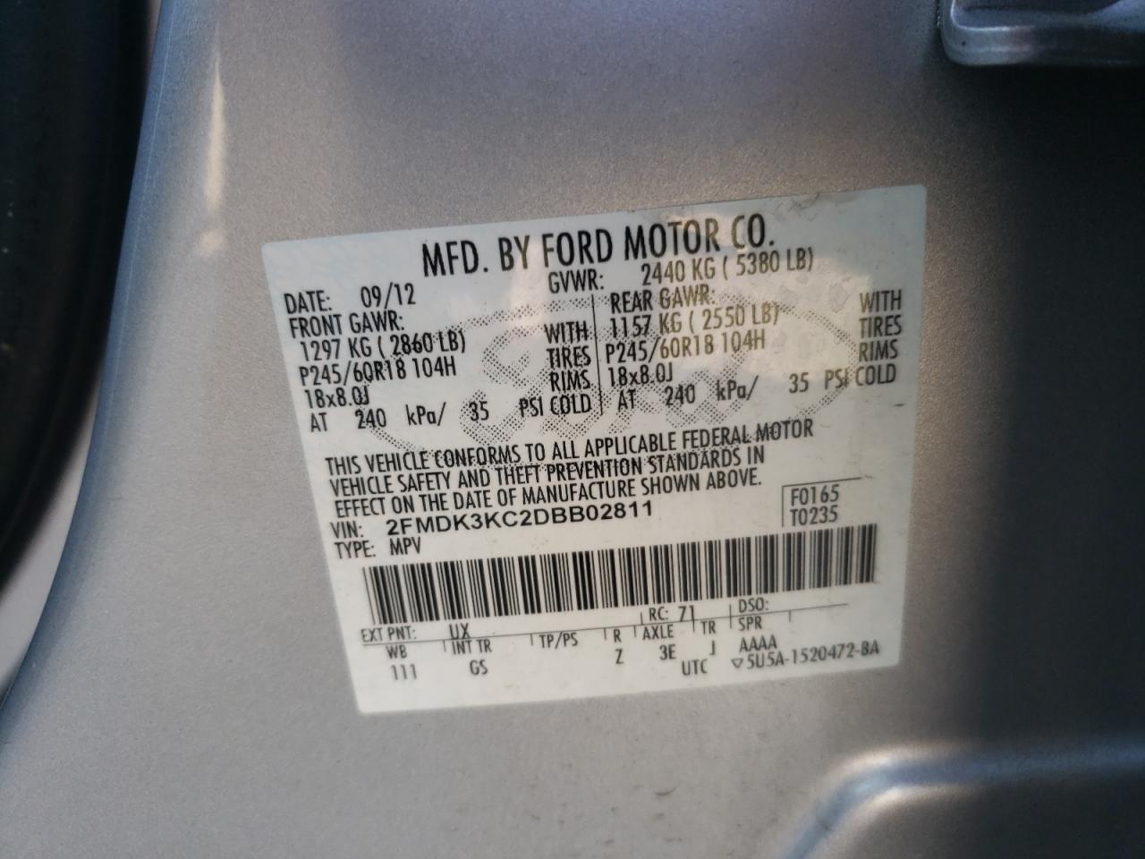 Photo 10 from auction – 2013 FORD EDGE LIMIT with VIN 2FMDK3KC2DBB02811