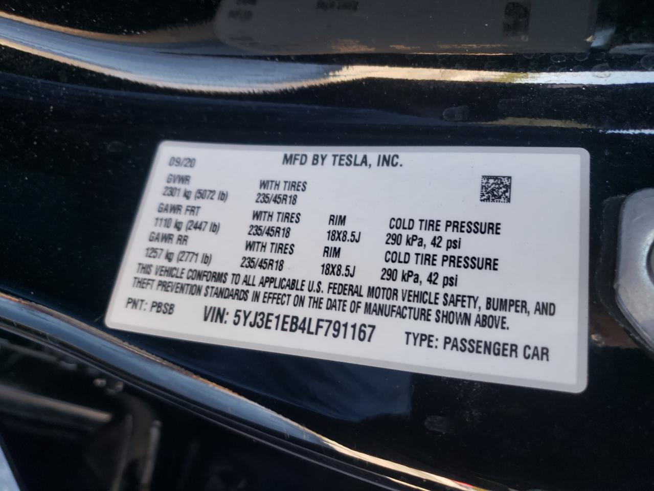 Photo 10 from auction – 2020 TESLA MODEL 3 with VIN 5YJ3E1EB4LF791167