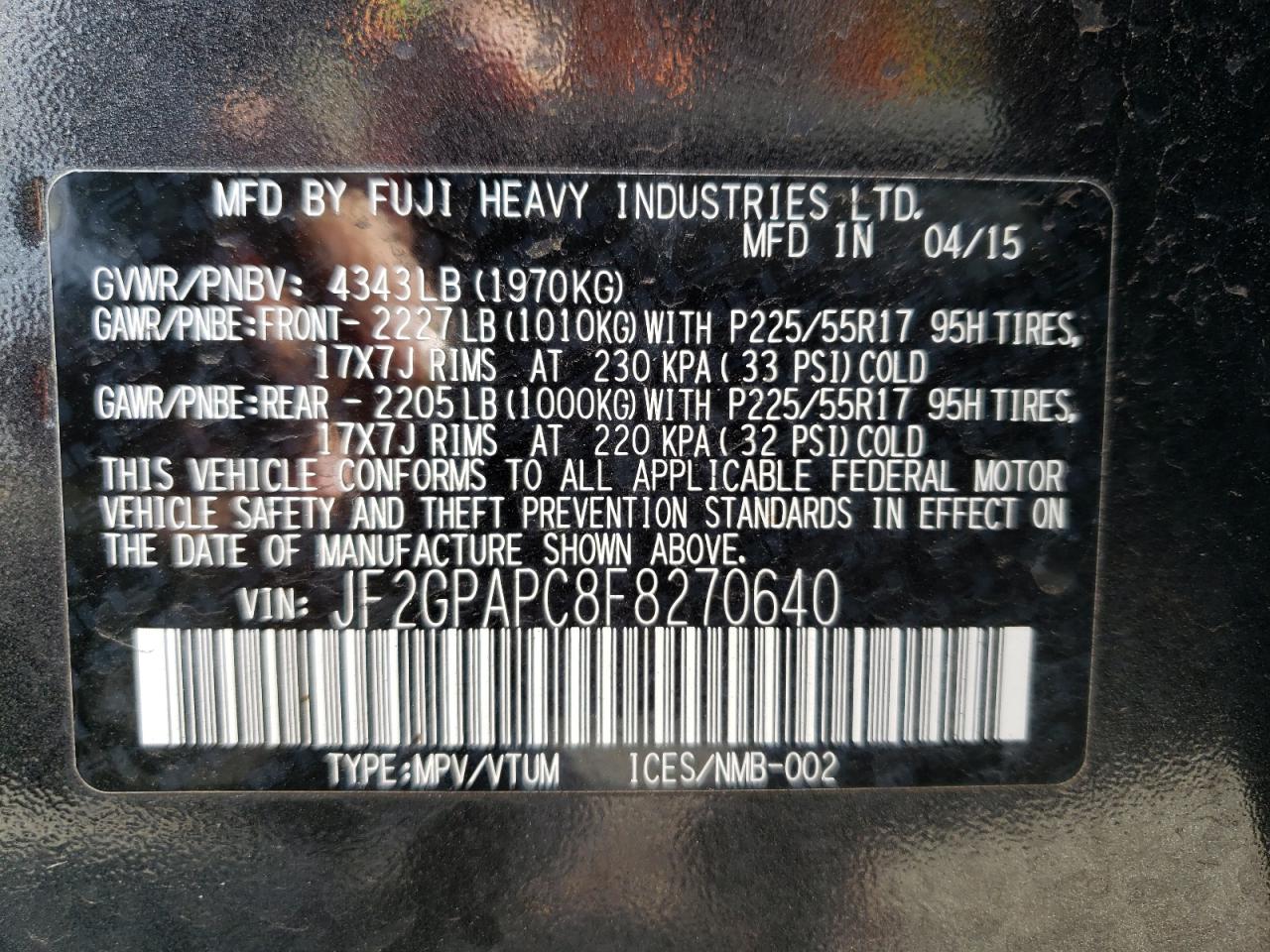 Photo 10 from auction – 2015 SUBARU XV CROSSTR with VIN JF2GPAPC8F8270640