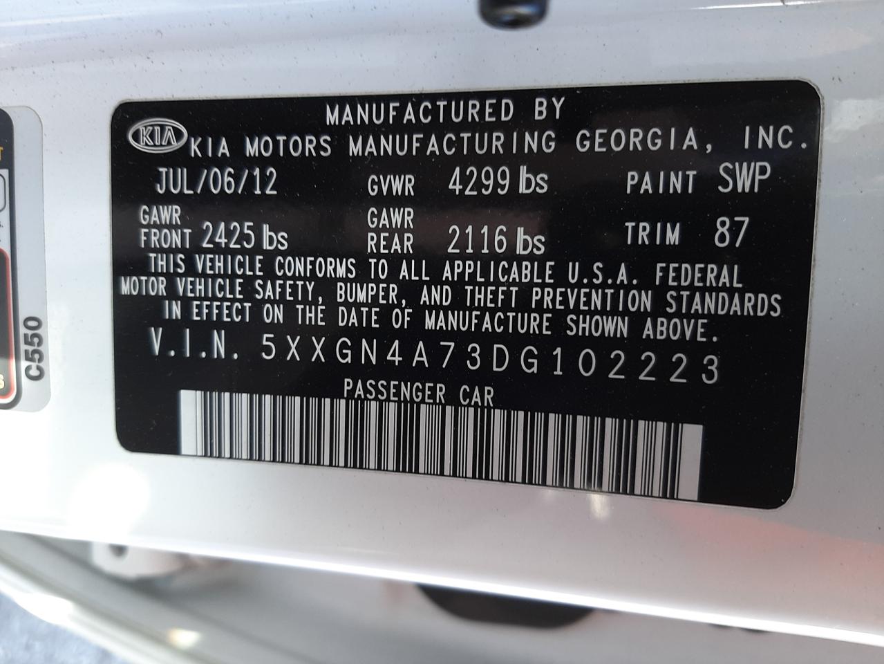 Photo 10 from auction – 2013 KIA OPTIMA EX with VIN 5XXGN4A73DG102223