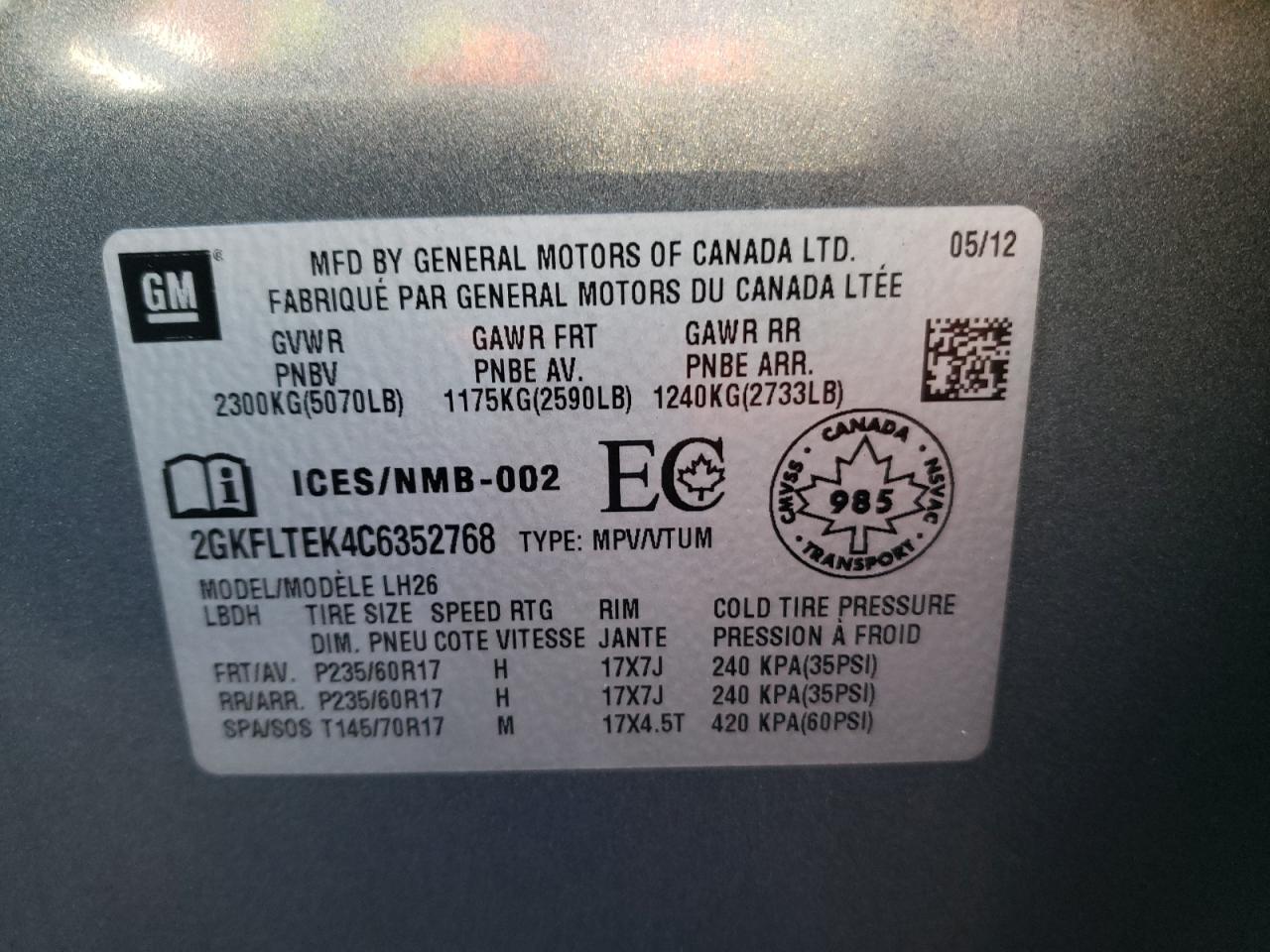 Zdjęcie 10 z aukcji – 2012 GMC TERRAIN SL z VIN 2GKFLTEK4C6352768