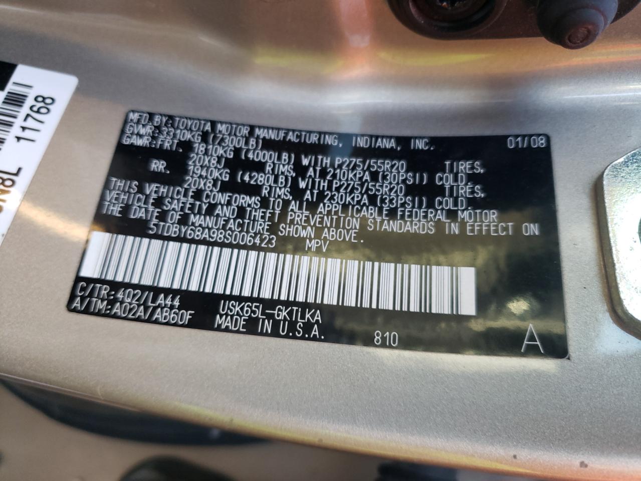 Photo 10 from auction – 2008 TOYOTA SEQUOIA LI with VIN 5TDBY68A98S006423