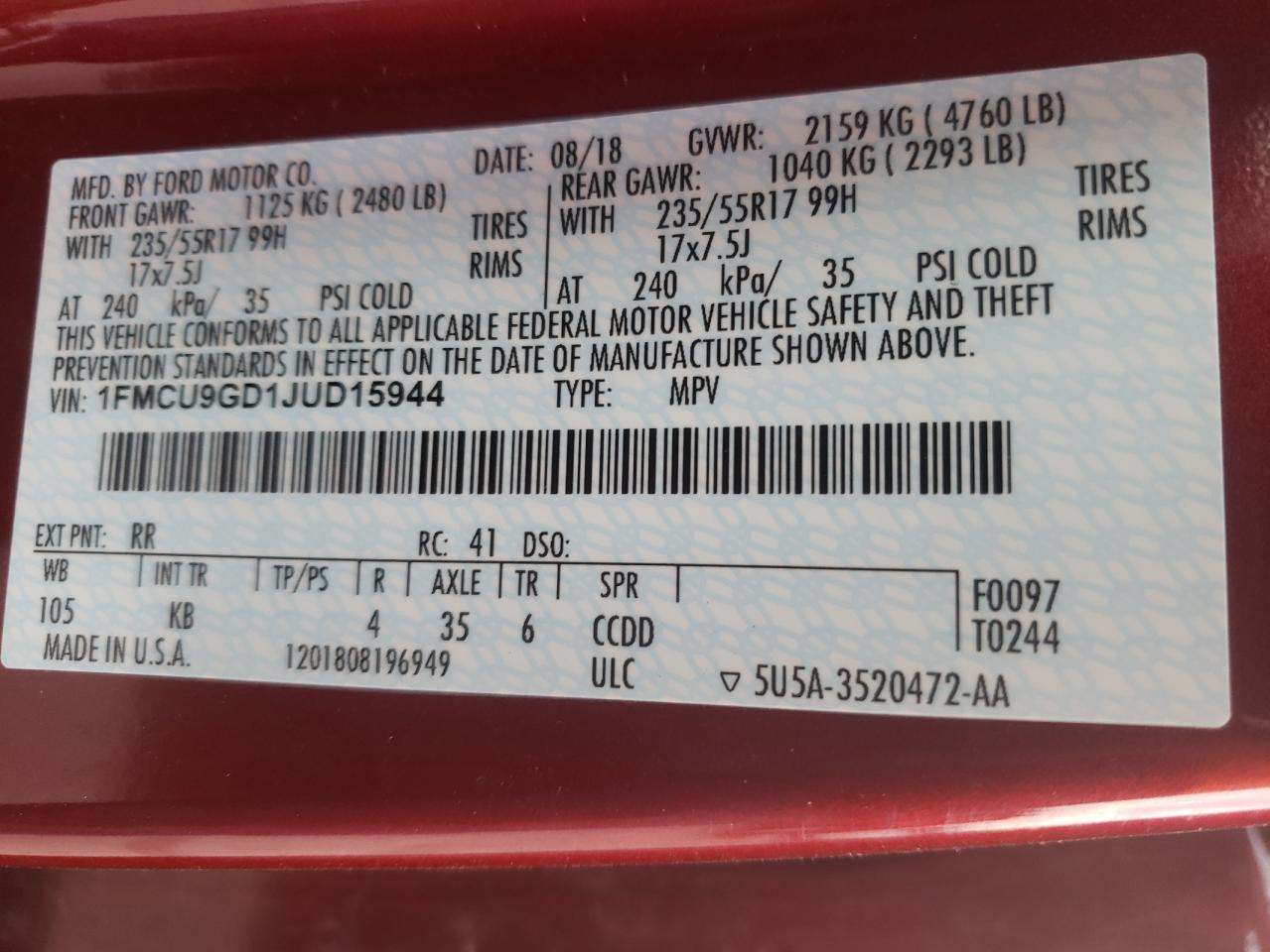 Photo 10 from auction – 2018 FORD ESCAPE SE with VIN 1FMCU9GD1JUD15944