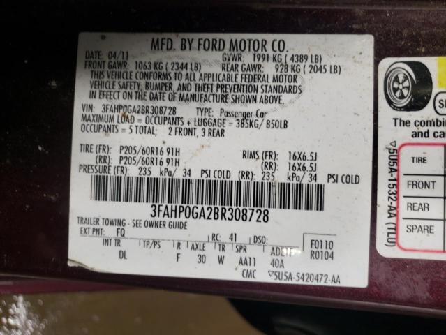 Photo 10 from auction – 2011 FORD FUSION S with VIN 3FAHP0GA2BR308728