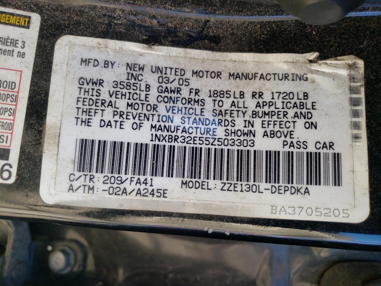 Photo 10 from auction – 2005 TOYOTA COROLLA CE with VIN 1NXBR32E55Z503303