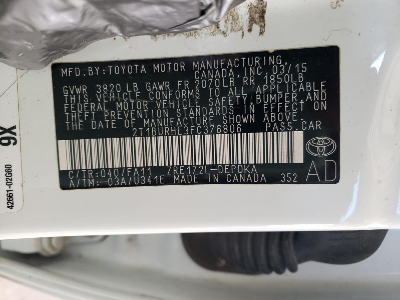 Photo 10 from auction – 2015 TOYOTA COROLLA L with VIN 2T1BURHE3FC376806