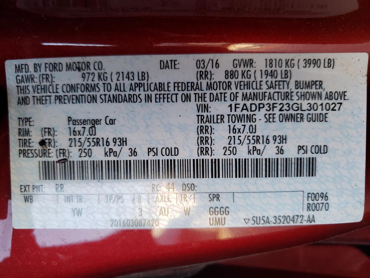 Photo 10 from auction – 2016 FORD FOCUS SE with VIN 1FADP3F23GL301027