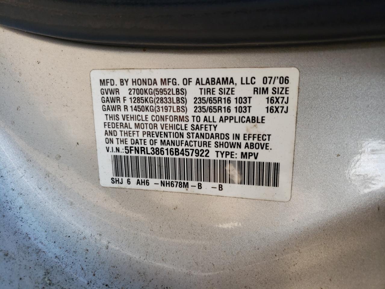Photo 10 from auction – 2006 HONDA ODYSSEY EX with VIN 5FNRL38616B457922