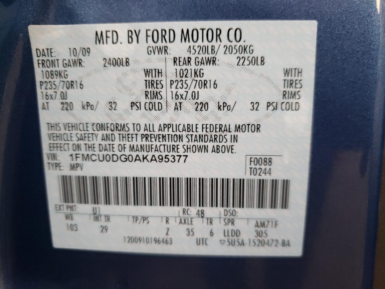 Photo 10 from auction – 2010 FORD ESCAPE XLT with VIN 1FMCU0DG0AKA95377