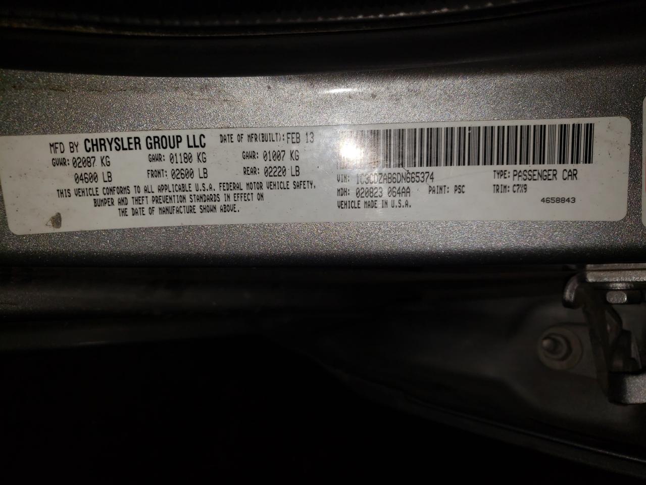 Photo 10 from auction – 2013 DODGE AVENGER SE with VIN 1C3CDZAB6DN665374