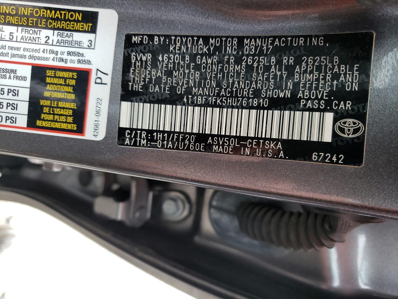 Photo 10 from auction – 2017 TOYOTA CAMRY LE with VIN 4T1BF1FK5HU761810