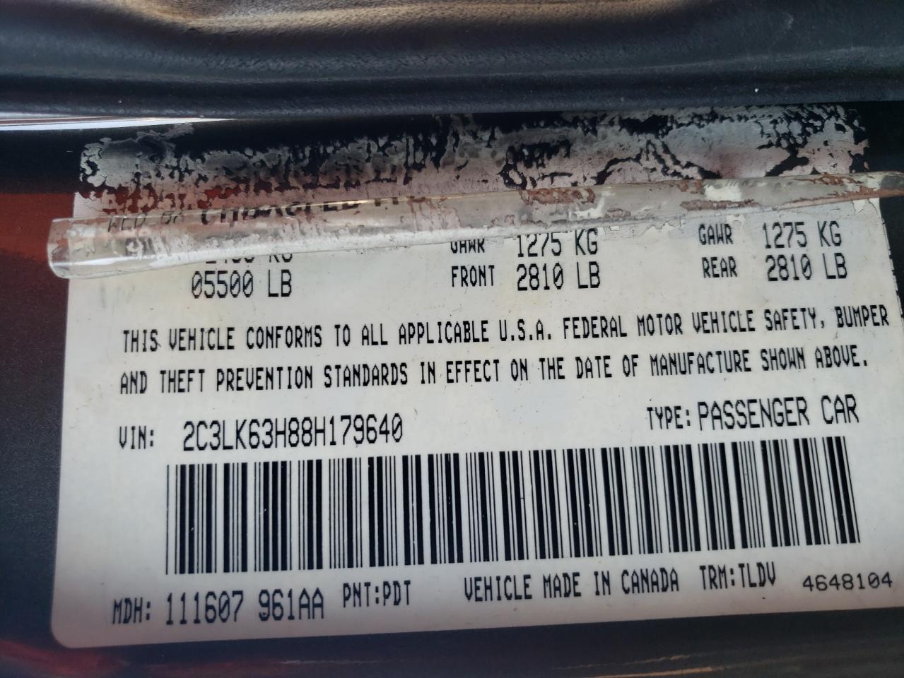 Photo 10 from auction – 2008 CHRYSLER 300C with VIN 2C3LK63H88H179640
