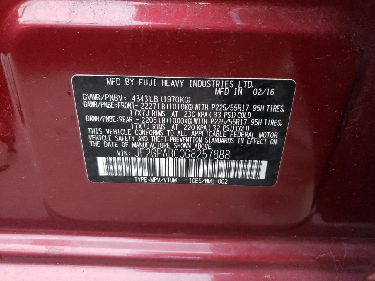 Photo 10 from auction – 2016 SUBARU CROSSTREK with VIN JF2GPABC0G8257888