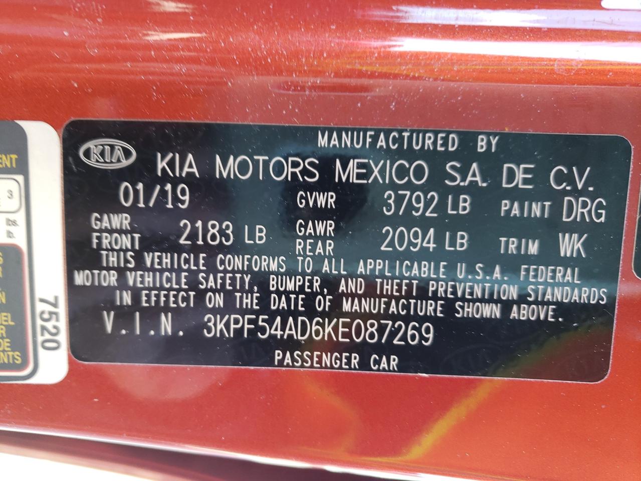 Photo 10 from auction – 2019 KIA FORTE EX with VIN 3KPF54AD6KE087269