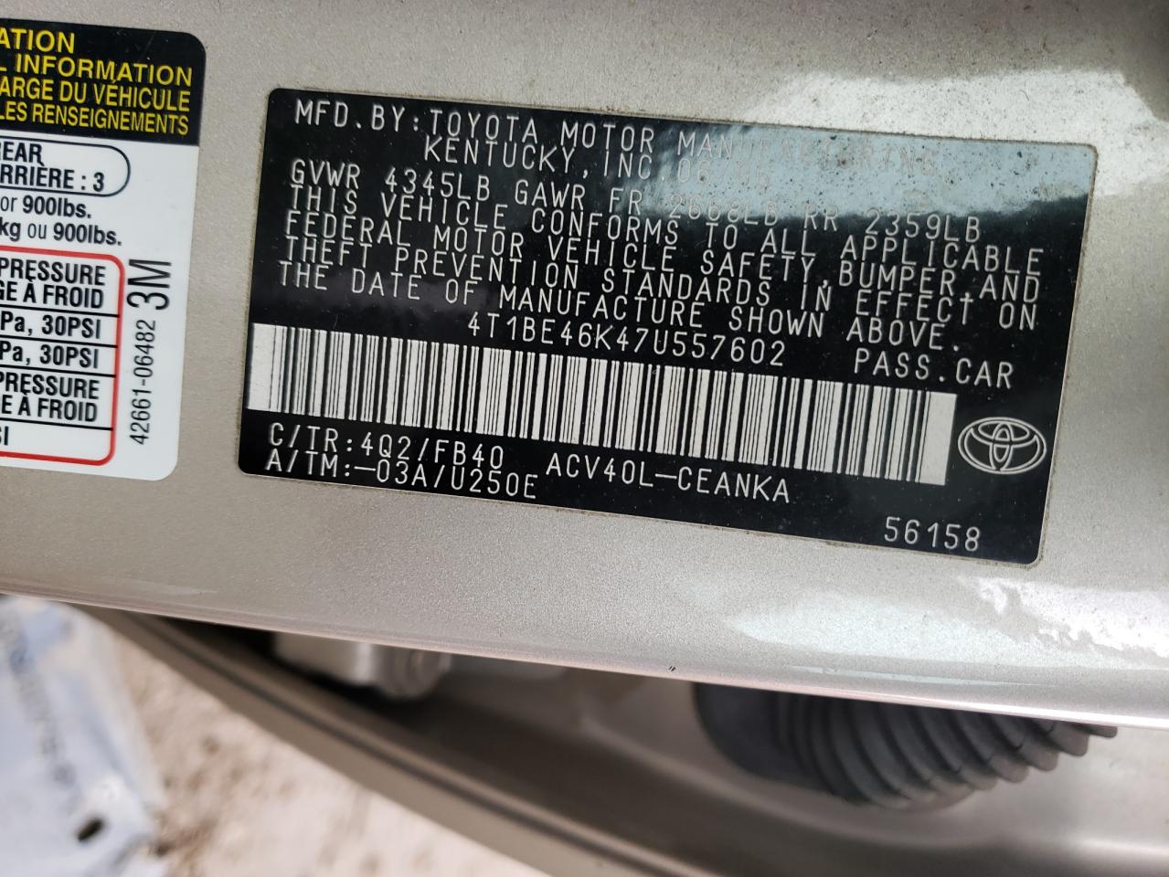 Photo 10 from auction – 2007 TOYOTA CAMRY CE with VIN 4T1BE46K47U557602