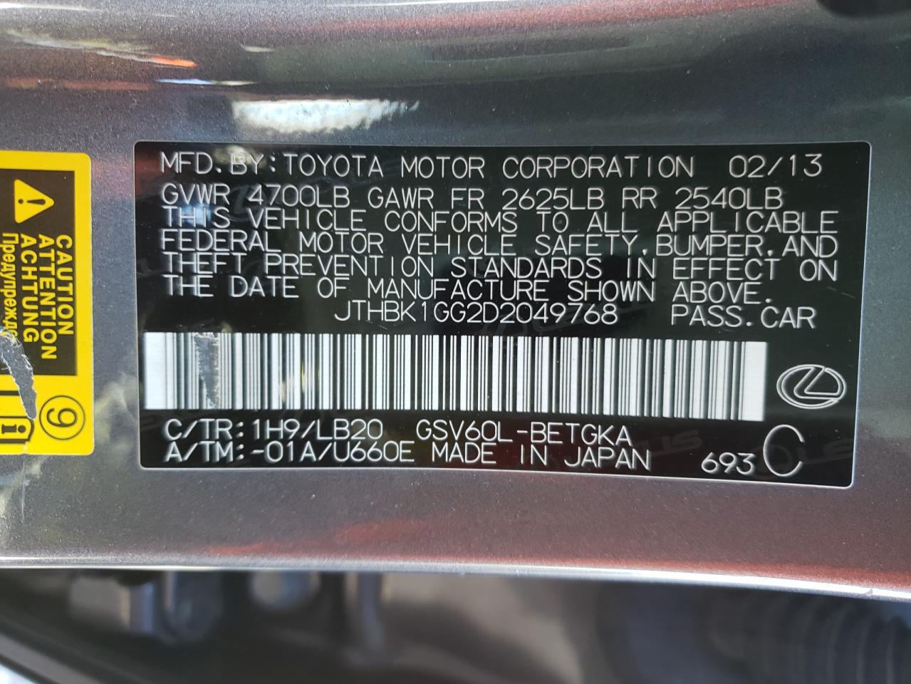 Photo 10 from auction – 2013 LEXUS ES 350 with VIN JTHBK1GG2D2049768