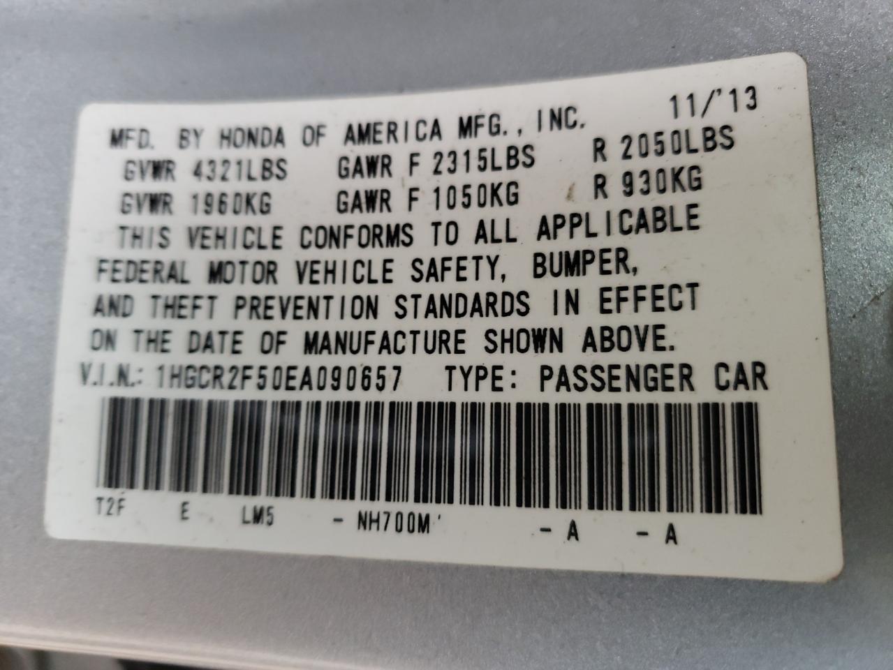 Photo 10 from auction – 2014 HONDA ACCORD SPO with VIN 1HGCR2F50EA090657