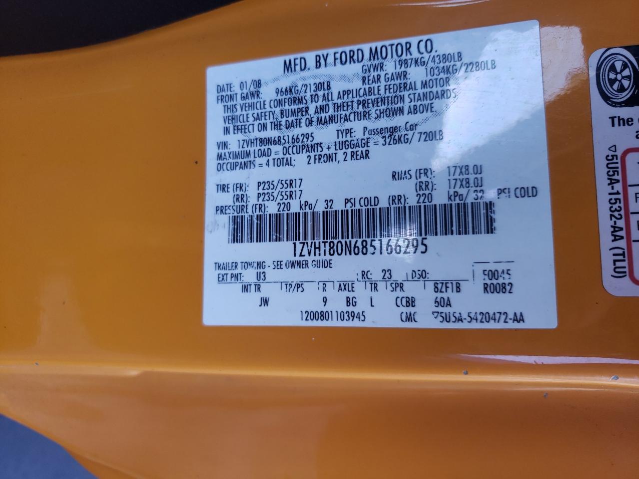 Photo 10 from auction – 2008 FORD MUSTANG with VIN 1ZVHT80N685166295