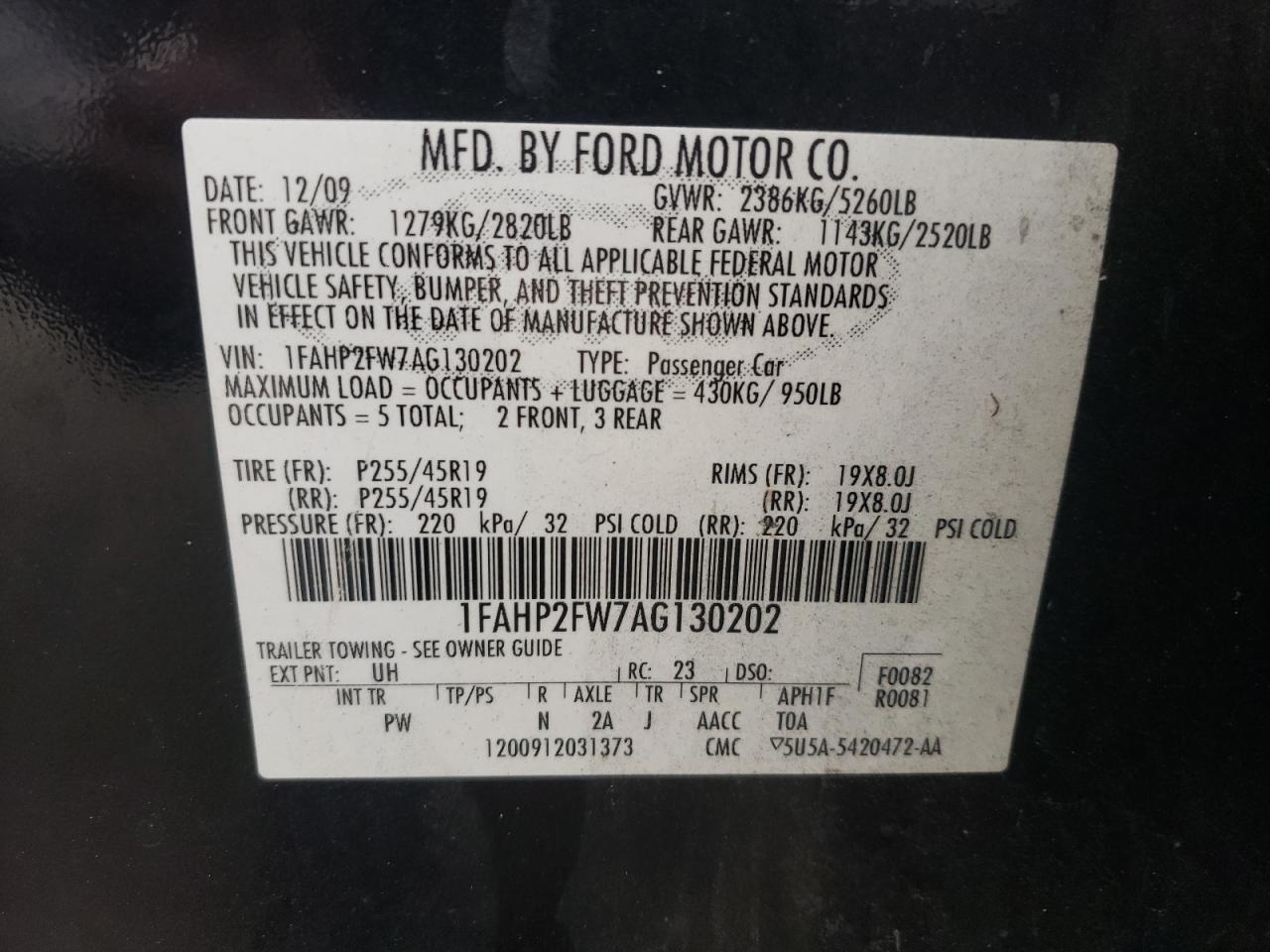 Photo 10 from auction – 2010 FORD TAURUS LIM with VIN 1FAHP2FW7AG130202