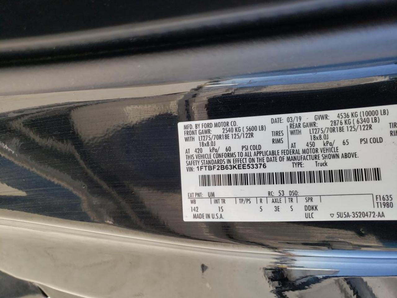 Photo 10 from auction – 2019 FORD F250 SUPER with VIN 1FTBF2B63KEE53376
