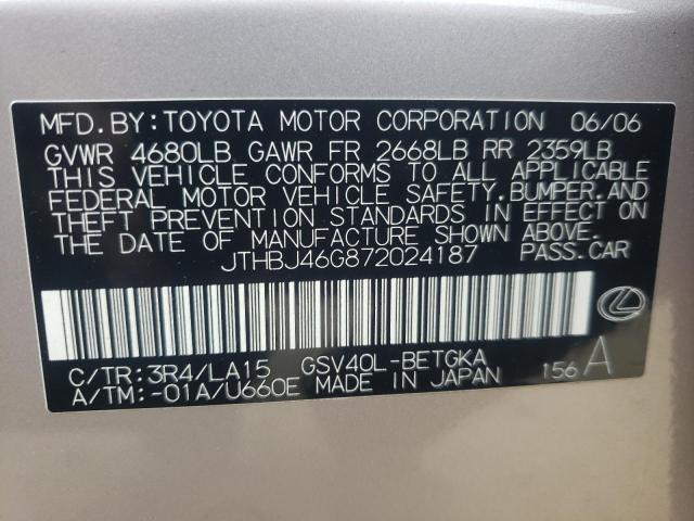 Photo 10 from auction – 2007 LEXUS ES 350 with VIN JTHBJ46G872024187