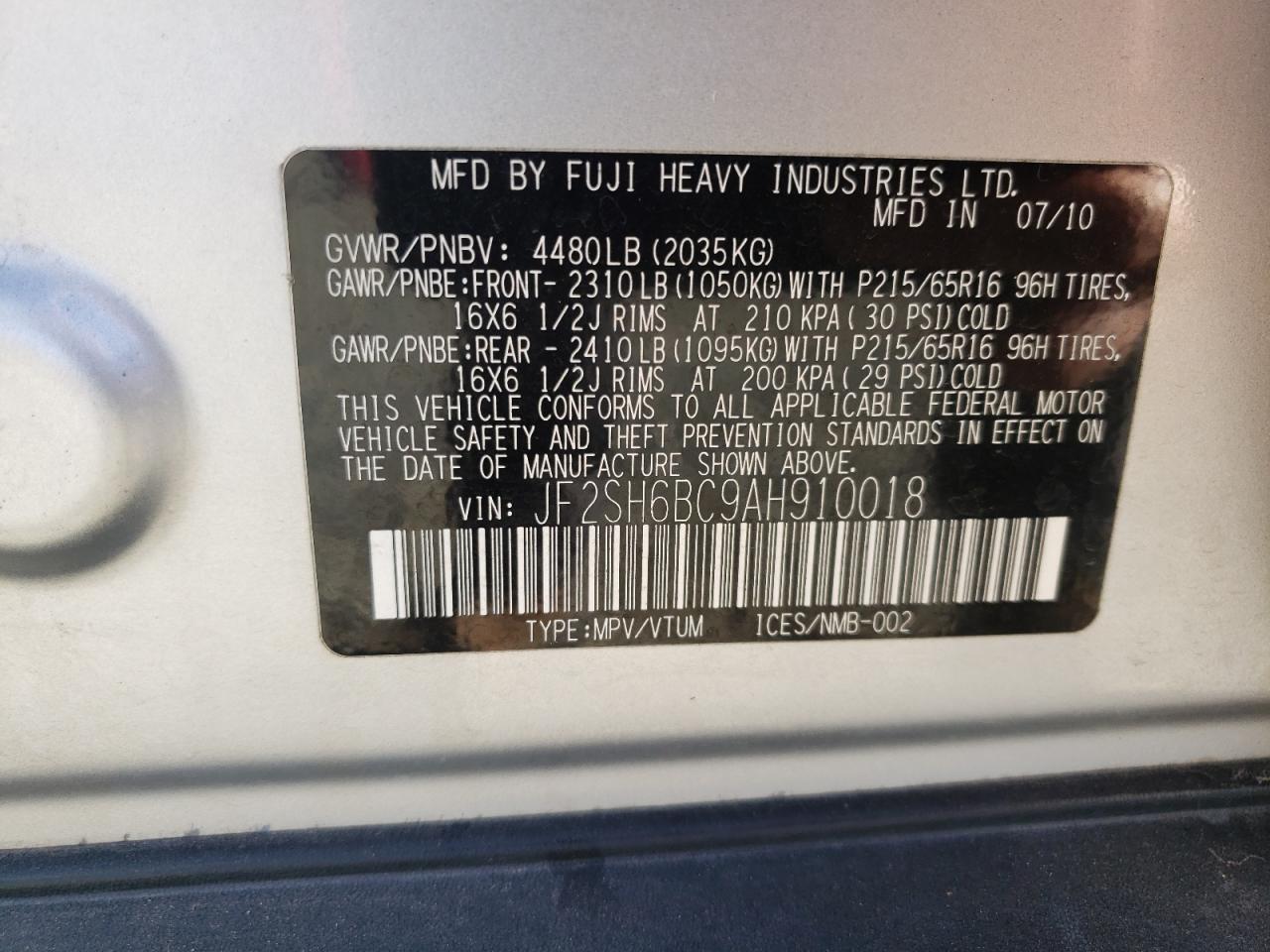 Photo 10 from auction – 2010 SUBARU FORESTER X with VIN JF2SH6BC9AH910018