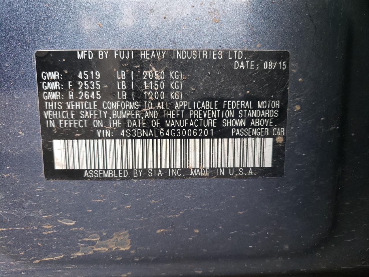 Photo 10 from auction – 2016 SUBARU LEGACY 2.5 with VIN 4S3BNAL64G3006201