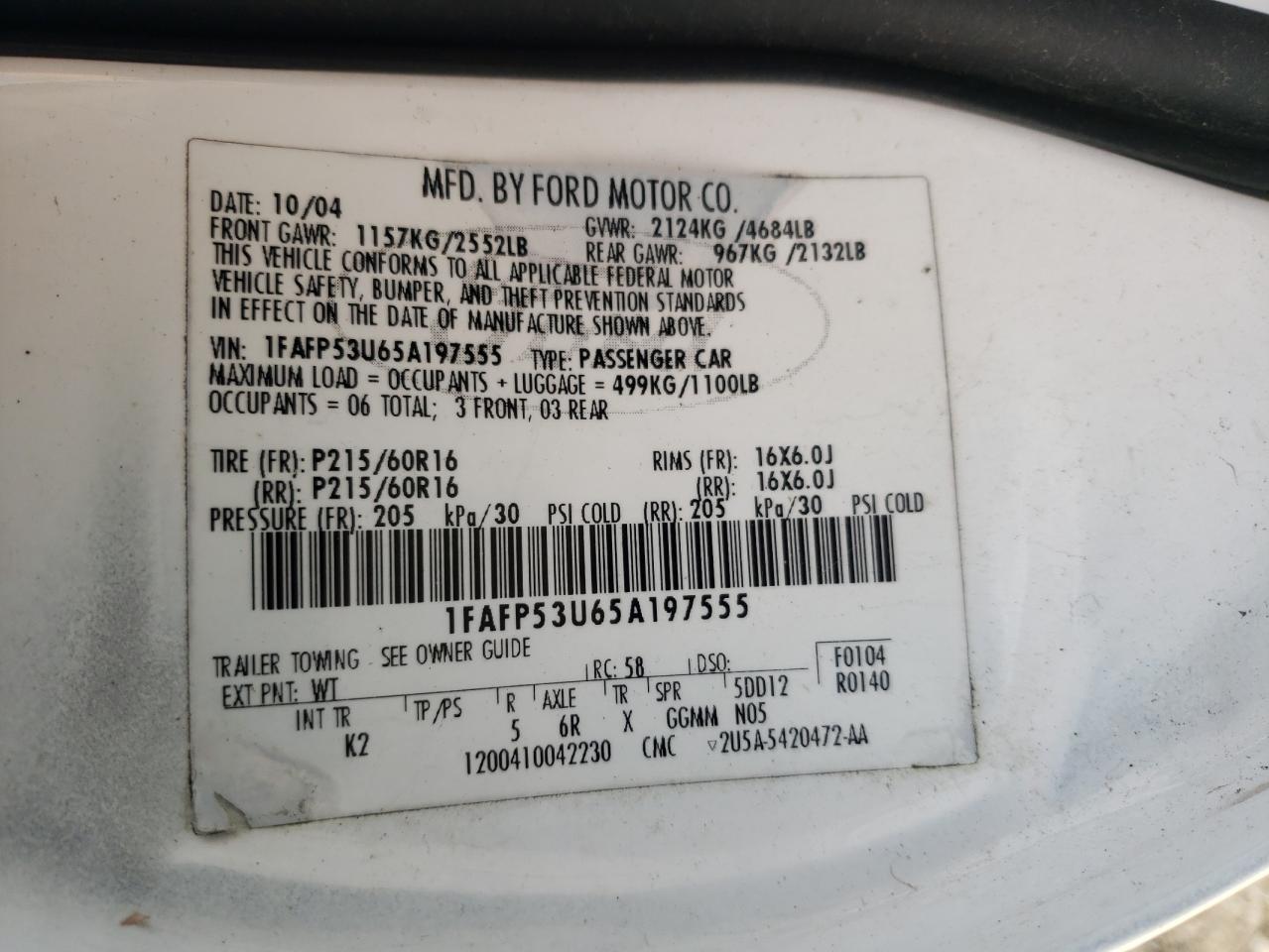Photo 10 from auction – 2005 FORD TAURUS SE with VIN 1FAFP53U65A197555