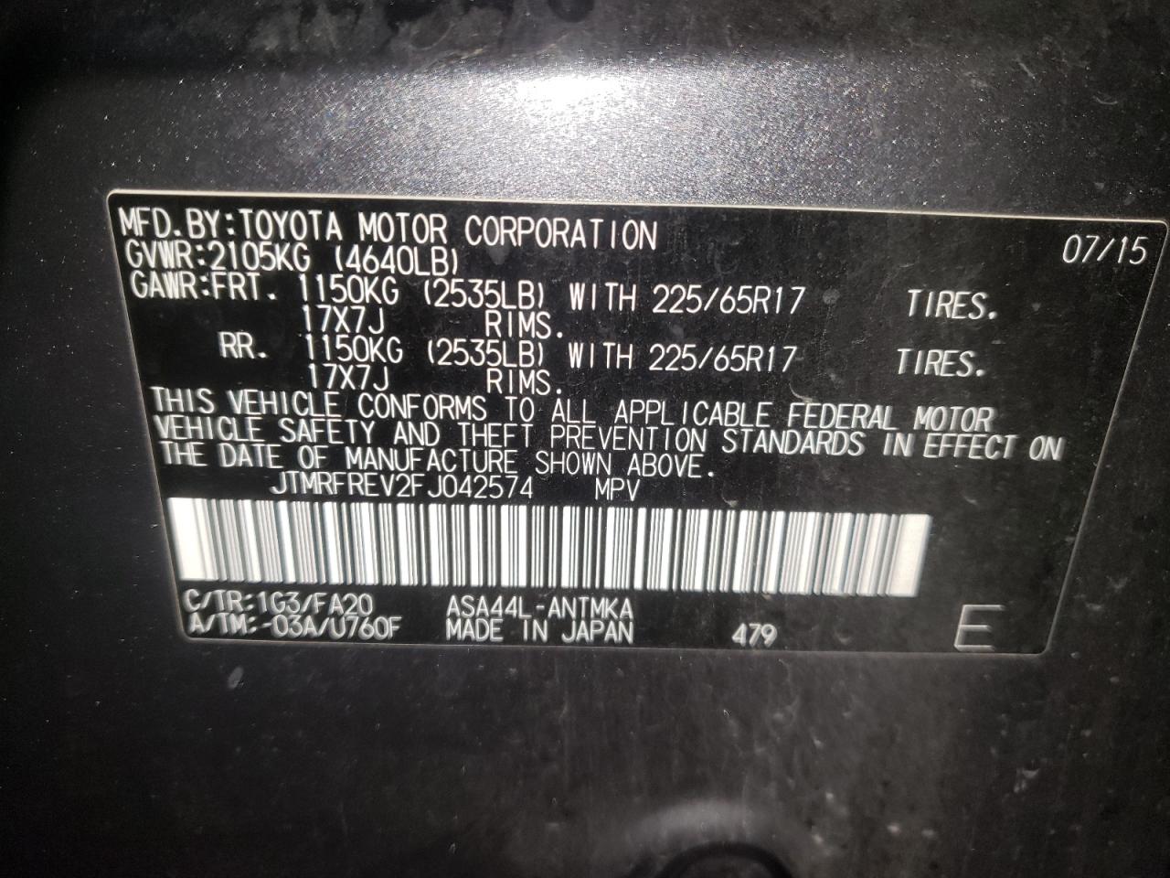 Photo 10 from auction – 2015 TOYOTA RAV4 XLE with VIN JTMRFREV2FJ042574