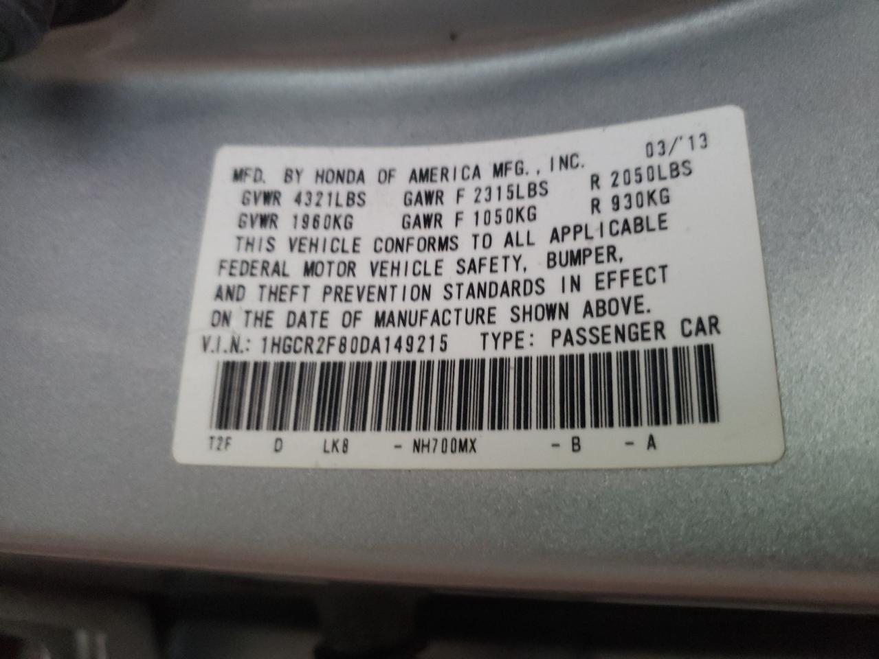 Photo 10 from auction – 2013 HONDA ACCORD EXL with VIN 1HGCR2F80DA149215