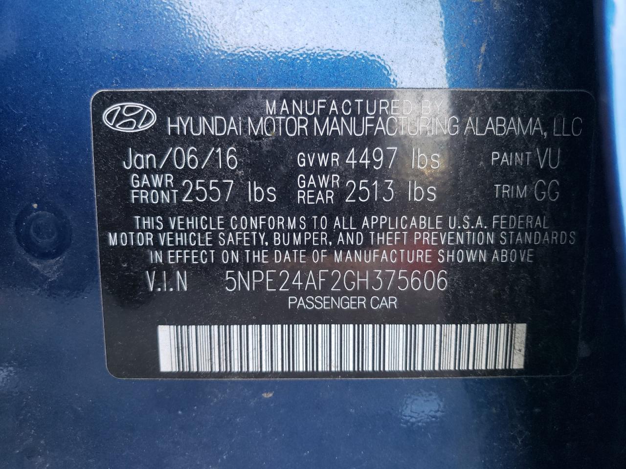 Photo 10 from auction – 2016 HYUNDAI SONATA SE with VIN 5NPE24AF2GH375606