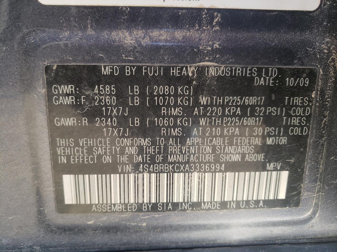 Photo 10 from auction – 2010 SUBARU OUTBACK 2. with VIN 4S4BRBKCXA3336994