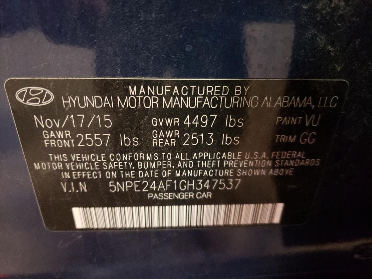 Photo 10 from auction – 2016 HYUNDAI SONATA SE with VIN 5NPE24AF1GH347537