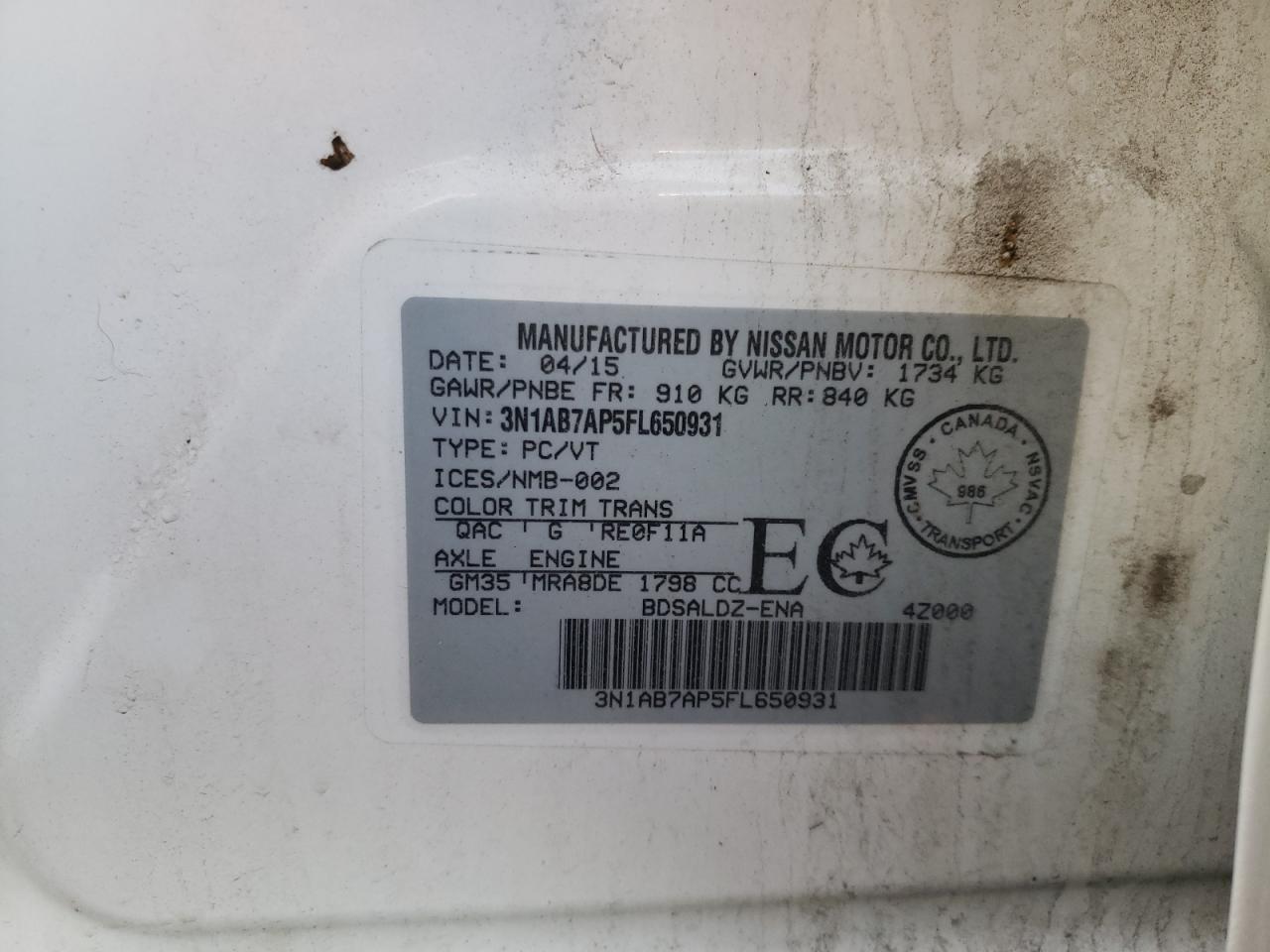 Photo 10 from auction – 2015 NISSAN SENTRA S with VIN 3N1AB7AP5FL650931