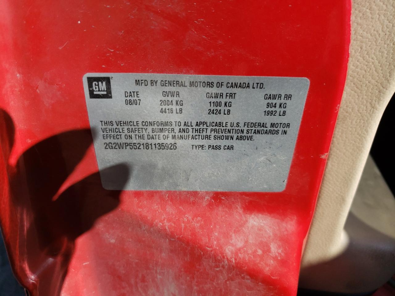 Photo 10 from auction – 2008 PONTIAC GRAND PRIX with VIN 2G2WP552181135926