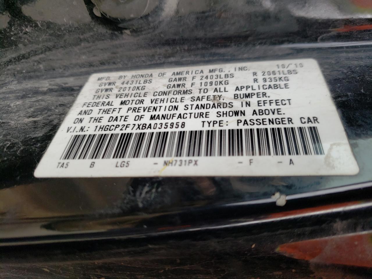 Photo 10 from auction – 2011 HONDA ACCORD EX with VIN 1HGCP2F7XBA035958