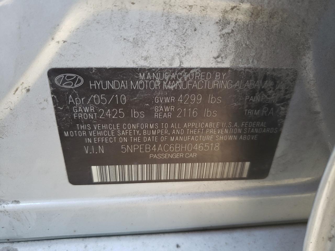 Photo 10 from auction – 2011 HYUNDAI SONATA GLS with VIN 5NPEB4AC6BH046518