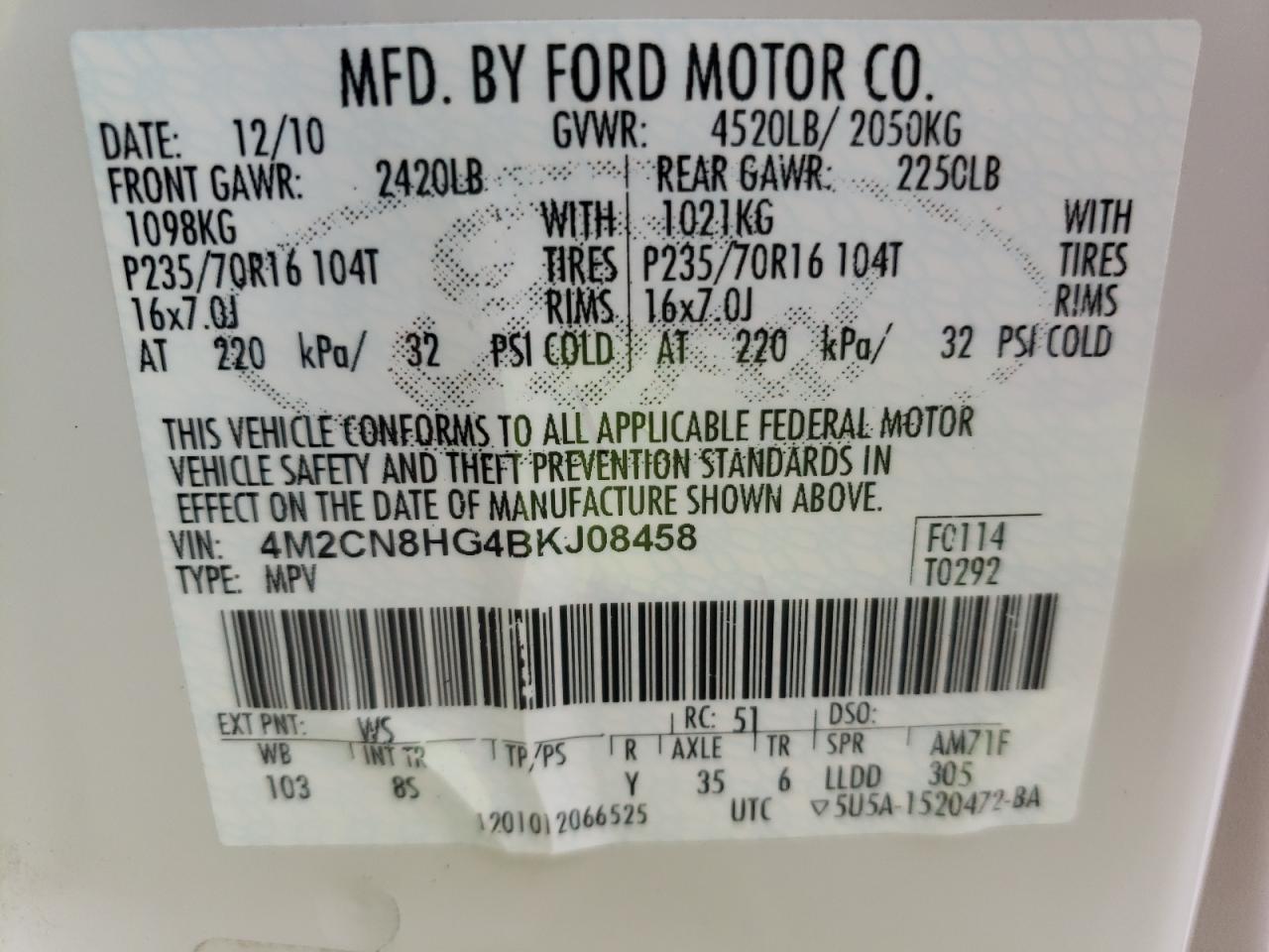 Photo 10 from auction – 2011 MERCURY MARINER PR with VIN 4M2CN8HG4BKJ08458