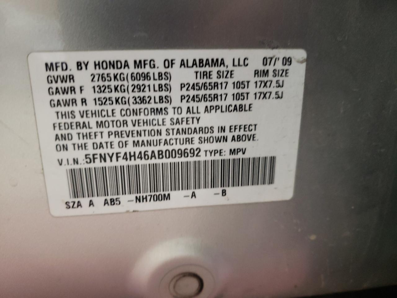 Photo 10 from auction – 2010 HONDA PILOT EX with VIN 5FNYF4H46AB009692