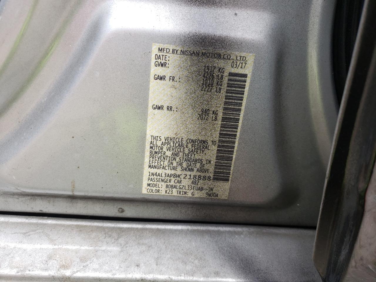 Photo 10 from auction – 2017 NISSAN ALTIMA 2.5 with VIN 1N4AL3AP8HC218888