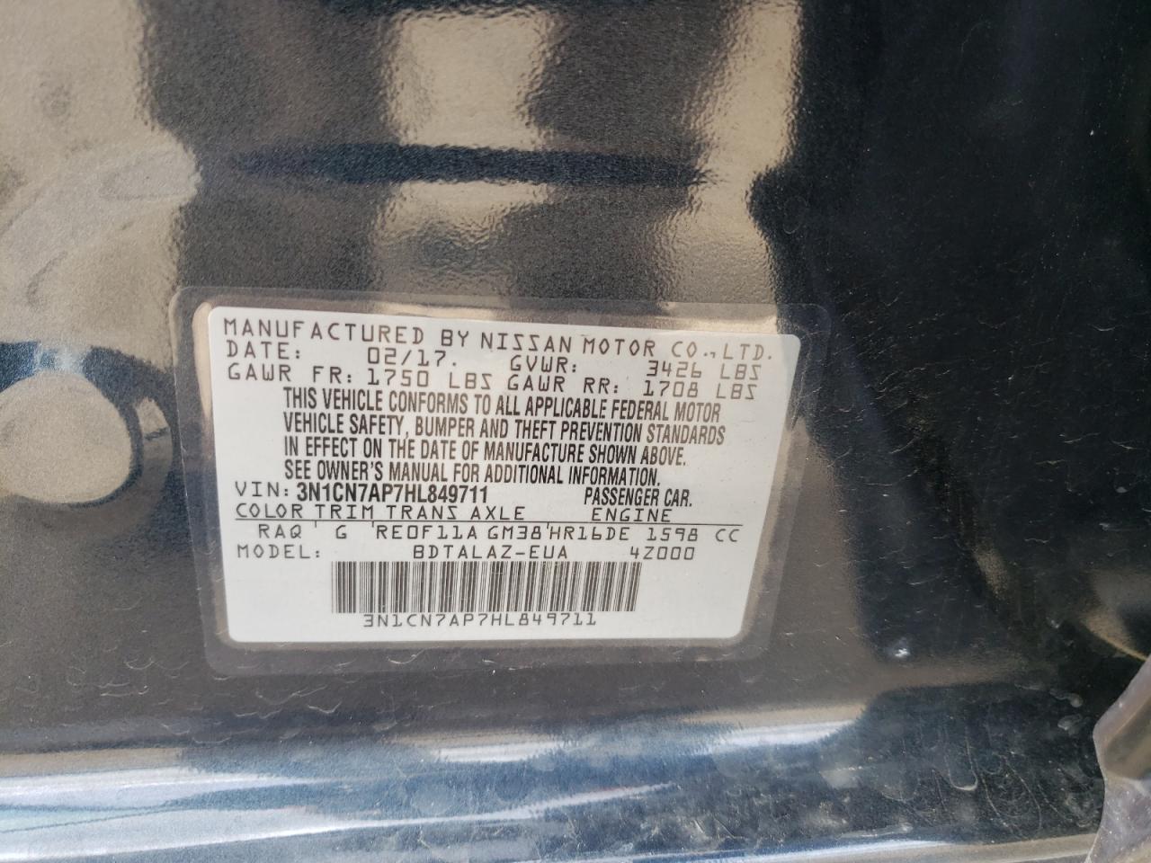 Photo 10 from auction – 2017 NISSAN VERSA S with VIN 3N1CN7AP7HL849711