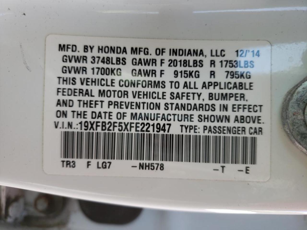 Photo 10 from auction – 2015 HONDA CIVIC LX with VIN 19XFB2F5XFE221947