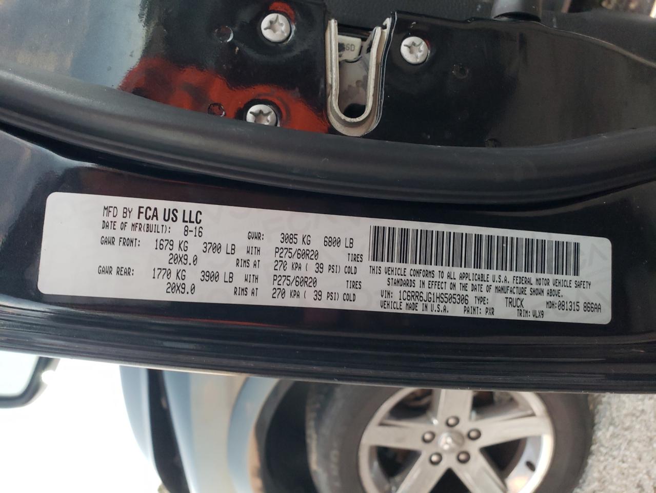 Photo 10 from auction – 2017 RAM 1500 LARAM with VIN 1C6RR6JG1HS505306