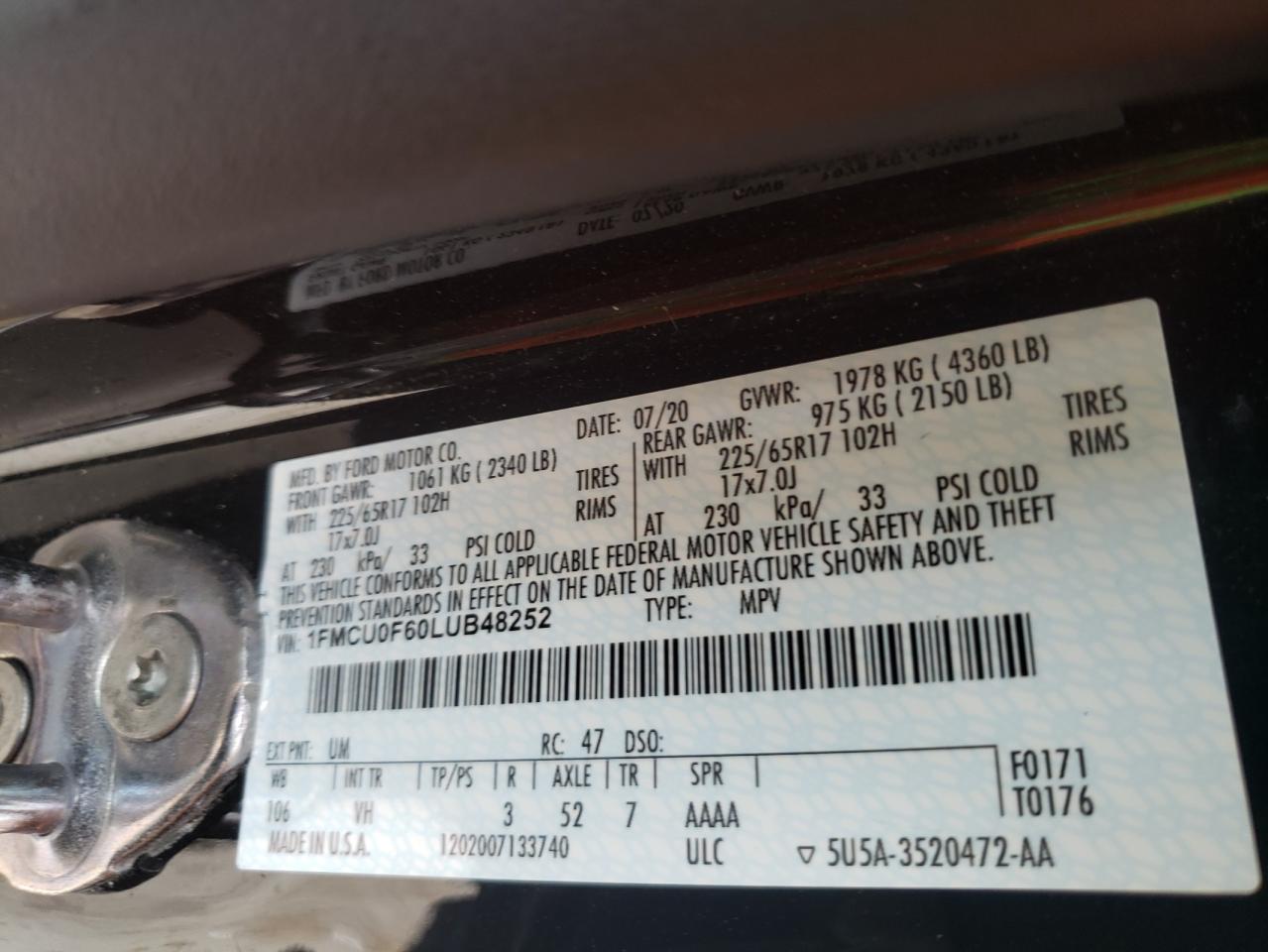 Photo 10 from auction – 2020 FORD ESCAPE S with VIN 1FMCU0F60LUB48252