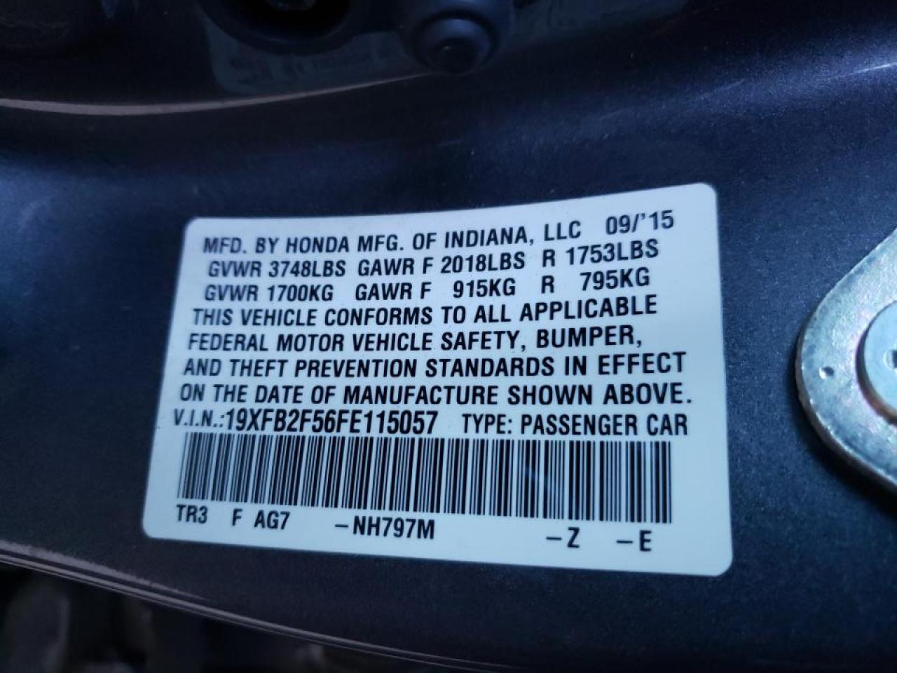 Photo 10 from auction – 2015 HONDA CIVIC LX with VIN 19XFB2F56FE115057