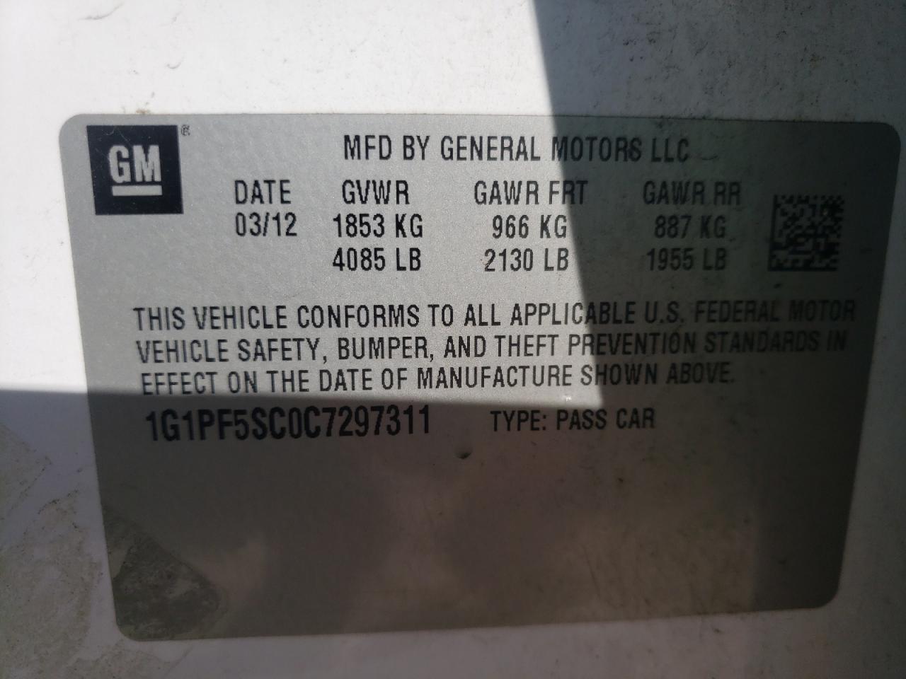 Photo 10 from auction – 2012 CHEVROLET CRUZE LT with VIN 1G1PF5SC0C7297311