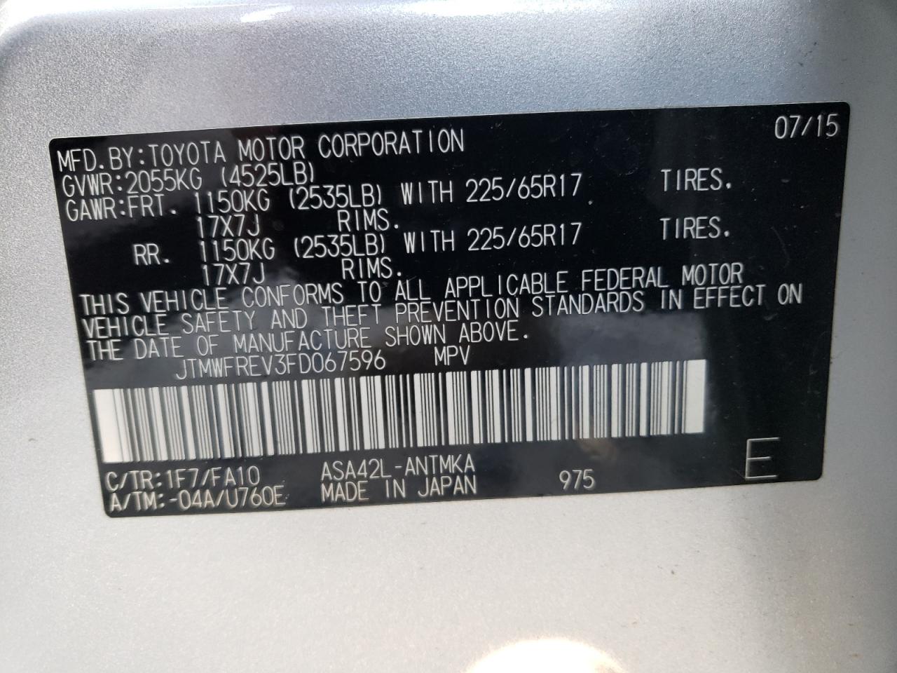 Photo 10 from auction – 2015 TOYOTA RAV4 XLE with VIN JTMWFREV3FD067596