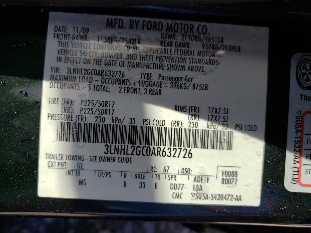 Photo 10 from auction – 2010 LINCOLN MKZ with VIN 3LNHL2GC0AR632726
