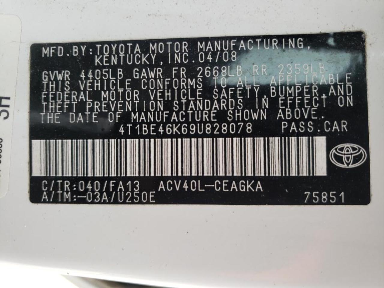 Photo 10 from auction – 2009 TOYOTA CAMRY BASE with VIN 4T1BE46K69U828078